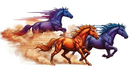 Three colorful horses running through dust