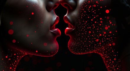 Futuristic kiss between two digital faces with glowing red particles. Conceptual art about virtual love, connection, and intimacy.