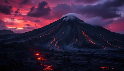 detailed volcanoes erupting at night, majestic mountains with rivers of lava, fiery skies with dramatic clouds, awe-inspiring natural landscape, cinematic lighting and mood