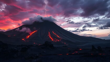 detailed volcanoes erupting at night, majestic mountains with rivers of lava, fiery skies with dramatic clouds, awe-inspiring natural landscape