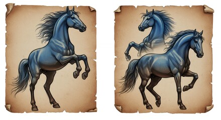 Two vintage illustrations of a dark blue horse