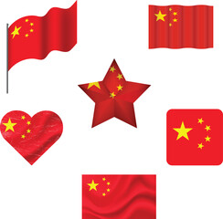 China flag set of icons. A set of flags in square, rectangular, star, heart and round shapes. Flag icon.