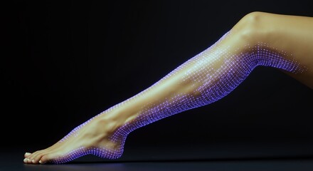 Female leg with luminous digital grid showing anatomy under skin on black background. Future medicine, body care, health technology and wellness video for clinics, cosmetic sales and skincare