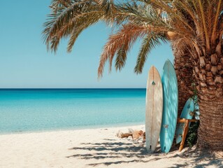 Clean beach setup with surfboards resting against coconut palm on pristine golden sand shore