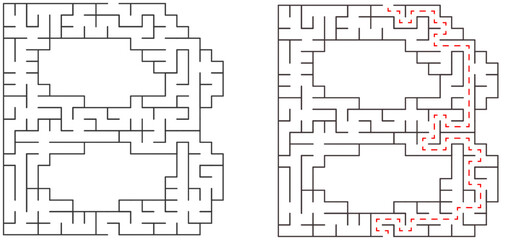 A 20x20 alphabet B letter-shaped educational maze with square cells, with and without solution, learning activity for kids