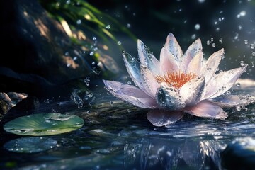 Jewels of nature - shining drops of water on the delicate petals of a white water lily