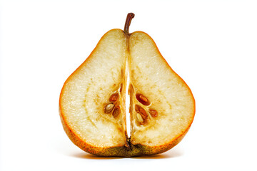 a half eaten pear on a white surface