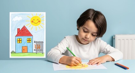 Boy drawing colorful house with sun using green pencil at blue table. Children's creativity, learning, childhood education video for art materials, school products, and creative workshop sales
