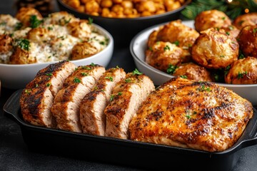 Joyful Christmas Eve Feast with Close-Up of Traditional Holiday Meals