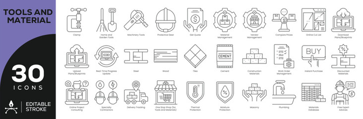 Trade & Industrial Tools Icon Set - 30 Editable Stroke Vector Icons for Business Management and Material Handling (Investments, Asset Protection, Consulting)
