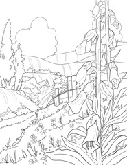 Minimalist Landscape Line Drawing – Hand-Drawn Nature Illustration, Landscape drawing for kids, Landscape Coloring Book