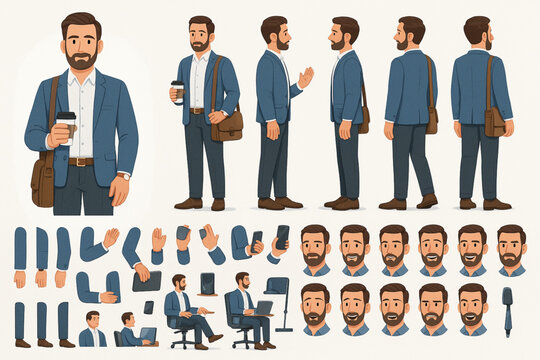 Versatile male character design sheet in a blue suit, showing multiple poses, angles, gestures, and expressions. Ideal for animation, explainer videos, business illustrations, and storytelling.