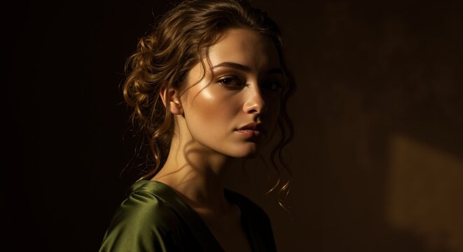Woman in green satin dress sitting in low light with elegant curls and gold earring. Evening fashion, elegance, jewelry and beauty product concept for style videos, holiday promotions and luxury sales - Powered by Adobe