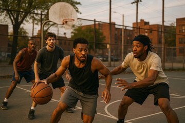 Group of young men playing competitive basketball outdoors, realistic style, on a city court with urban buildings, concept of teamwork and focus