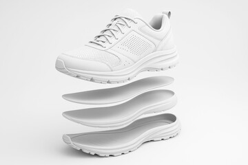 White athletic shoe shown in exploded view with separated sole layers, minimal style on white background, concept of shoe construction design