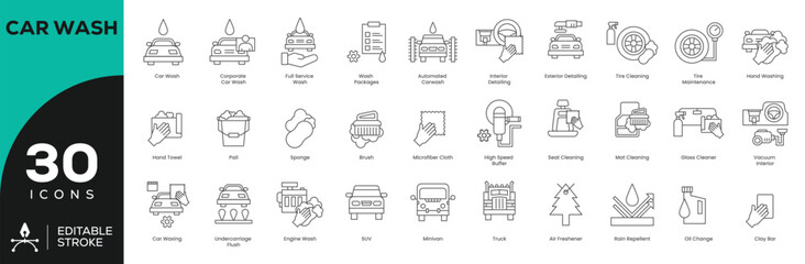 Professional Car Wash Icon Set - 30 Editable Stroke Vector Icons for Detailing & Maintenance (Automated, Interior, Undercarriage, Clay Bar)