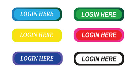 Colorful “Login Here” Button Set – Vector UI Elements for Web and App Design. Login here button icon vector set design, stock vector

