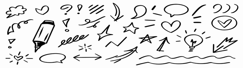 Hand-drawn Doodle Icons: Arrows, Speech Bubbles, Stars, and More