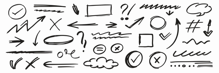 Hand-drawn Doodle Elements: Arrows, Checkmarks, Lines & Shapes