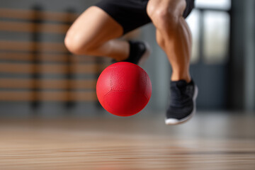 Close-up action shot of athlete’s lower body in motion with red dodgeball mid-air in gym setting, dynamic sports training concept with hardwood floor and blurred background