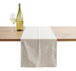 Cream Linen Table Runner on Wooden Dining Table with Wine Bottle and Glass for Dining Room Decor, Restaurant Styling, and Home Entertaining PNG