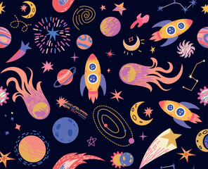 Seamless space pattern in doodle style with hand-drawn rockets, planets, stars, and comets. Fun vector background for kids' designs, textiles, and cosmic-themed projects.