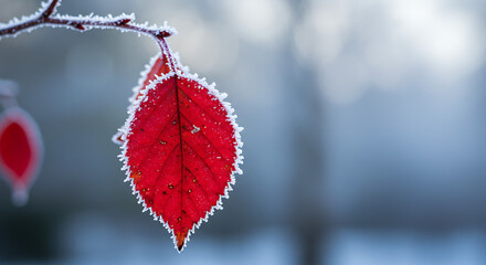 Vibrant Red Leaf with Frosty White Edges.