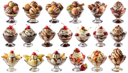 Ice Cream Sundae Collection – Assorted Desserts in Glass Bowls with Various Toppings for Menu Designs, Food Advertising, and Culinary Presentations