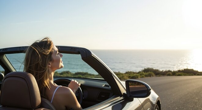 Woman driving cabriolet near sea at sunset with wind in hair. Freedom, travel, summer, leisure, wellness, fashion, tourism, holiday promo, adventure, lifestyle, auto sale, banner, copy space