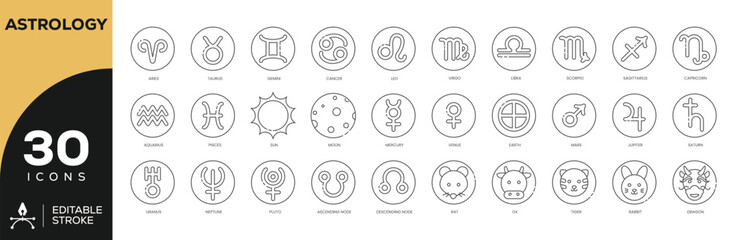 Astrology & Zodiac Icon Set - 30 Editable Stroke Vector Icons for Horoscopes and Birth Charts (Planets, Signs, Moon Phases, Tarot)