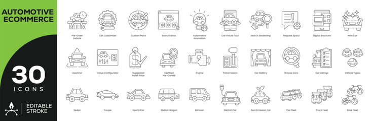 Automotive Ecommerce Icon Set - 30 Editable Stroke Vector Icons for Online Car Sales (Custom Builds, EV Configurator, Virtual Showroom, Fleet Management)