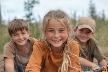Fototapeta premium Happy kids having fun around a campfire at summer camp, roasting marshmallows, telling stories and bonding at night.