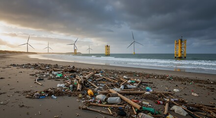 Wind turbines in sea offshore near beach covered with garbage and plastic waste. Environmental pollution, renewable energy, ocean cleanup, waste issue, sale, utility, sustainability, copy space