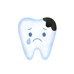 Crying Decayed Tooth Character Watercolor Style