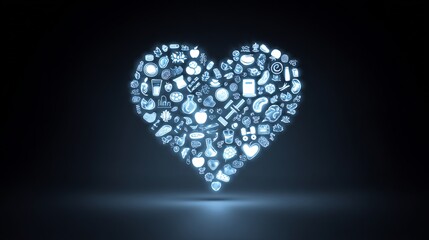 Heart shape created from healthy lifestyle and food icons on dark background