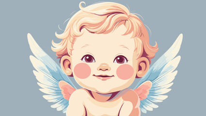 Cute baby angel with a joyful expression and blue wings on a soft pastel background