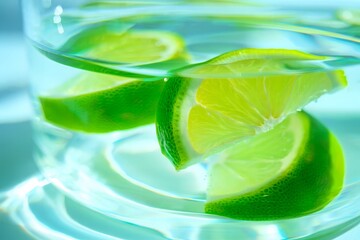 Invigorating Lime Slices Submerged in Refreshing Water A Visual Symphony of Citrus and Hydration Against a Transparent Backdrop