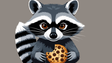 Cute cartoon raccoon holding a chocolate chip cookie with a playful expression on a gray background