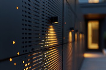 Glowing perforated metal fence panels illuminate a modern architectural space at twilight