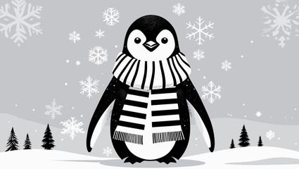 Cute cartoon penguin wearing a striped scarf in a snowy winter landscape with snowflakes