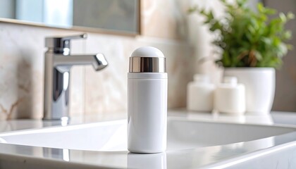 White Cosmetic Dispenser On Marble Bathroom Vanity