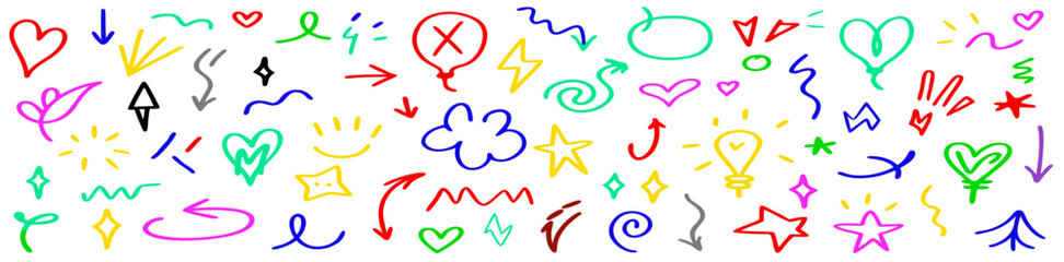 Colorful Hand-Drawn Doodle Collection: Arrows, Hearts, Stars & More