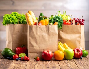 Grocery bags filled with fresh produce on a wooden table (4)