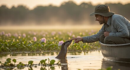 Person in boat reaching out to otter amid lily-filled river at sunrise, peaceful nature moment. Wildlife, animal encounter, tourism, nature protection, eco campaign, outdoor activity, product