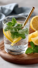 Fototapeta premium Refreshing lemonade with mint and lemon slices on a wooden board, perfect for warm weather gatherings or casual dining indoors