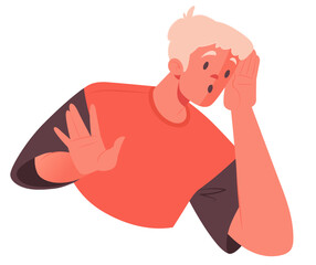 Amazed, very surprised guy listens to something. Facial expression with open mouth, eyes wide open in surprise and raised raised eyebrows. Young man on guard Eavesdrops