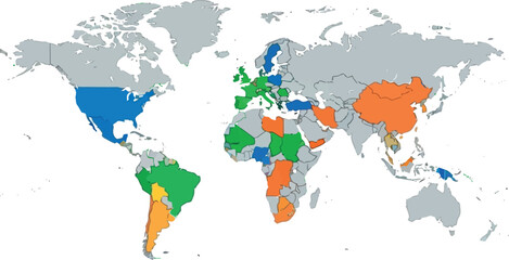 Vector illustration of a world map with highlighted countries, showcasing regional grouping and global segmentation by color.