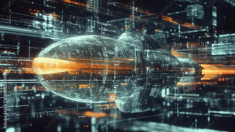 Poster digital rocket flying through futuristic cyberspace with data stream