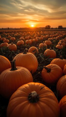 Fototapeta premium Pumpkin patch field with orange pumpkins at sunset during autumn harvest