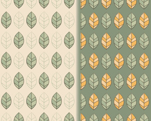 Autumn leaf whimsical hand drawn seamless pattern set of 2, cartoon doodle style, paint brush line stroke, green yellow white colour, cute background invitation web card, modern vector illustration